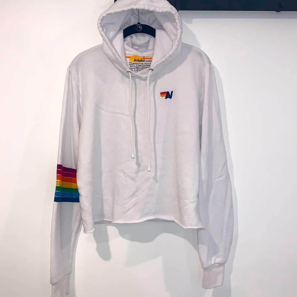 Aviator Nation White Hoodie with Rainbow Stripes
